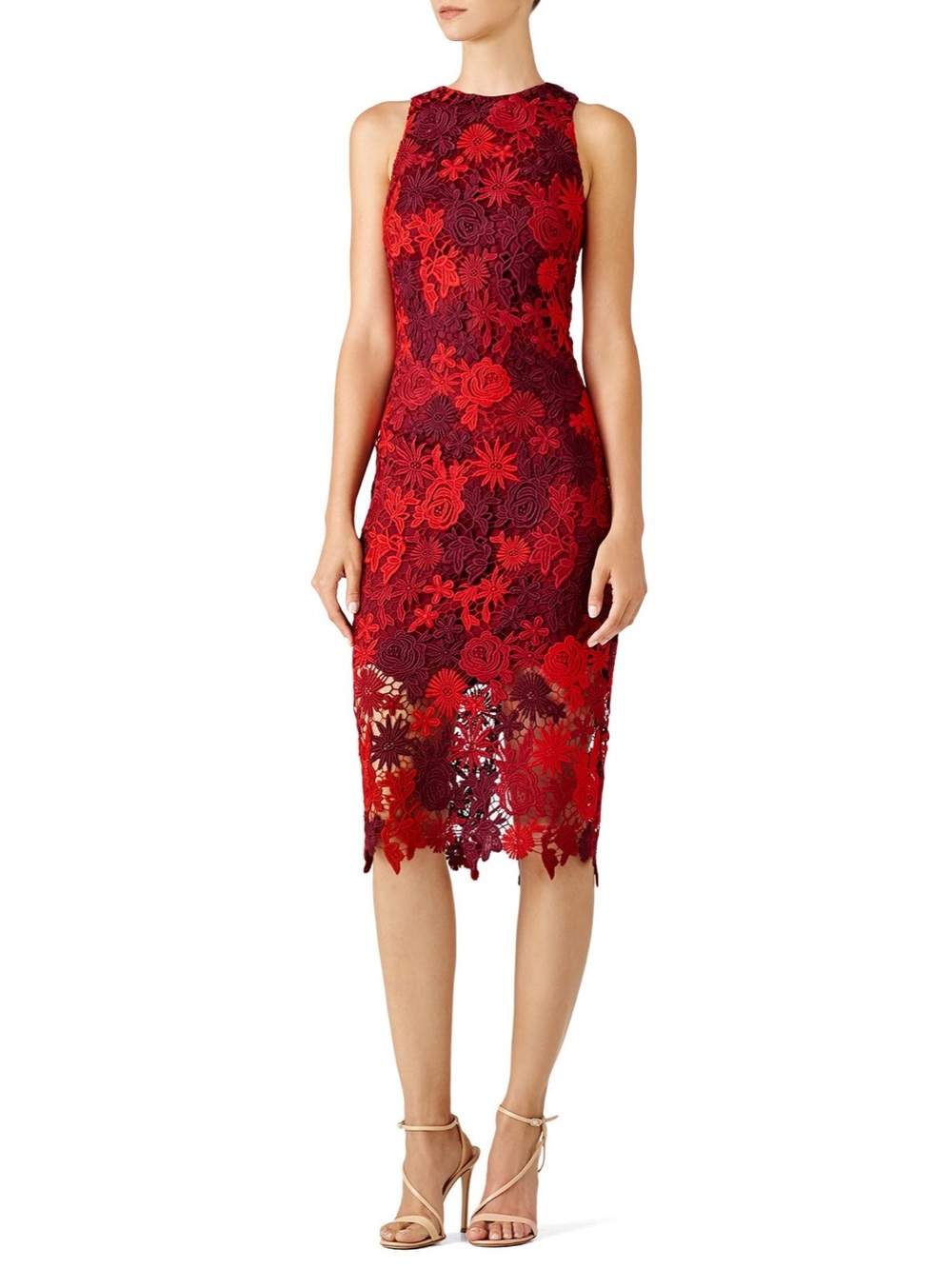Alexia Admor Red Floral Lace Midi Dress XS Elegant Cocktail Wedding Guest